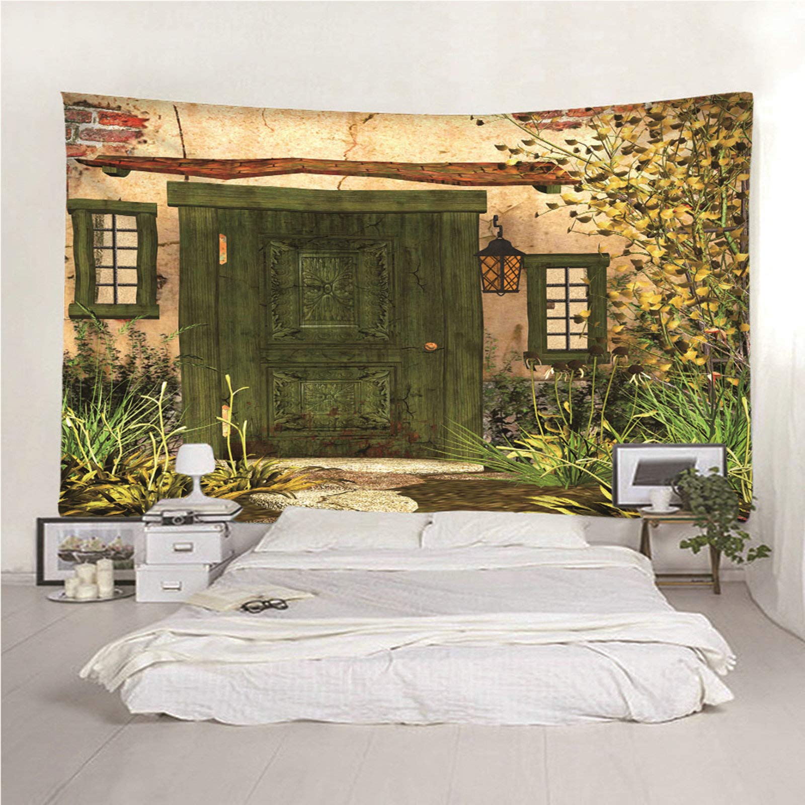 Amazon.co.jp: タペストリー 大判 ドアと花 緑 タペストリーおしゃれ